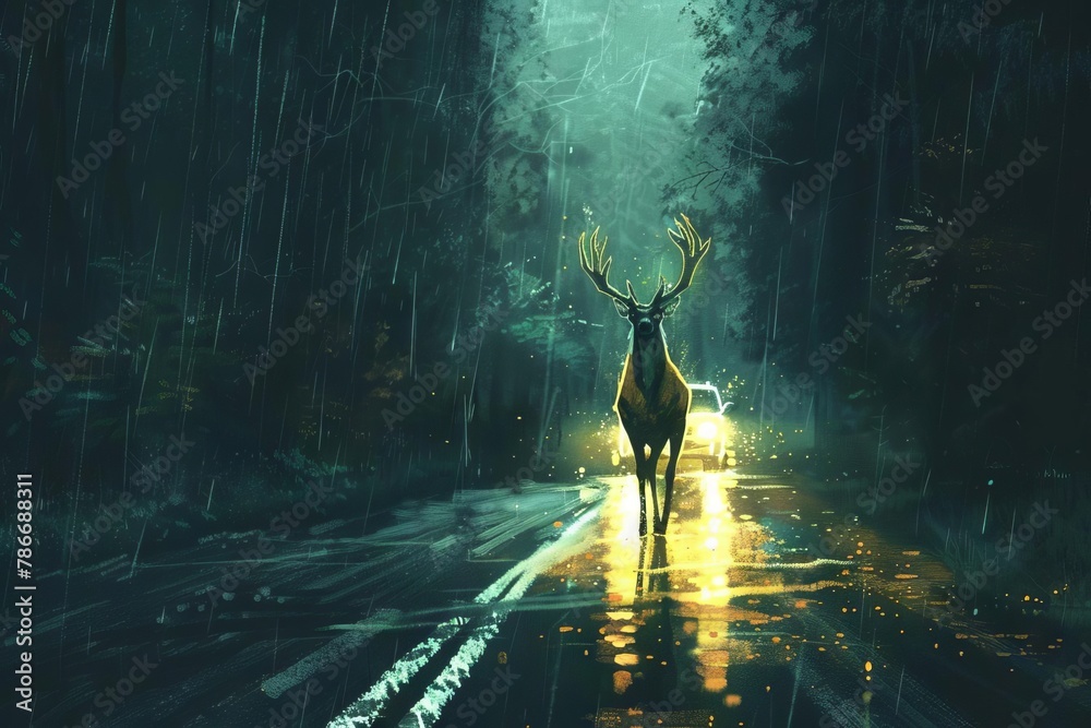 deer caught in car headlights on rainy forest road wildlife traffic