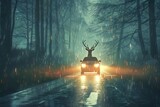 deer caught in car headlights on rainy forest road wildlife traffic accident risk digital illustration