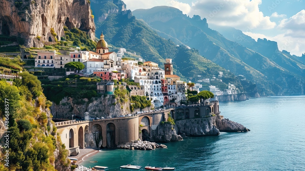 Obraz premium view of Positano town - famous old italian resort at summer day, Italy, retro toned