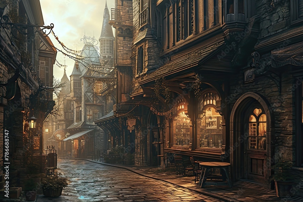 Old European city street with Gothic architecture and a dramatic atmosphere