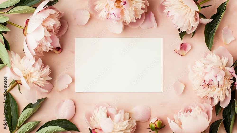 Blank paper greeting card, invitation. Decorative floral composition. Closeup of pink roses petals, peonies, hydrangea flowers and eucalyptus leaves. Wedding, birthday stationery mock-up scene. Blank paper greeting card, invitation. Decorative floral composition. Closeup of pink roses petals, peonies, hydrangea flowers and eucalyptus leaves. Wedding, birthday stationery mock-up scene.