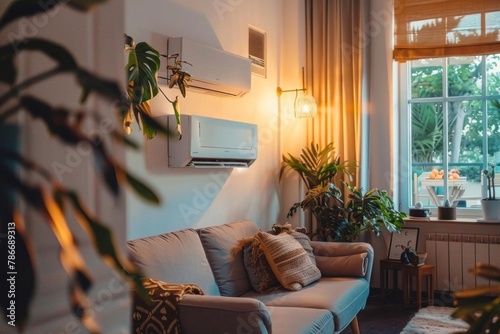energyefficient air conditioner in cozy living room with fresh natural decor ecofriendly cooling solution photo