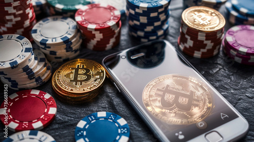 phone, bitcoin, chips and dice on the poker table. Online casino background