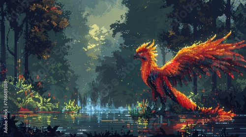Pixel art of a majestic griffin standing by a waterfall in a lush forest © Yusif