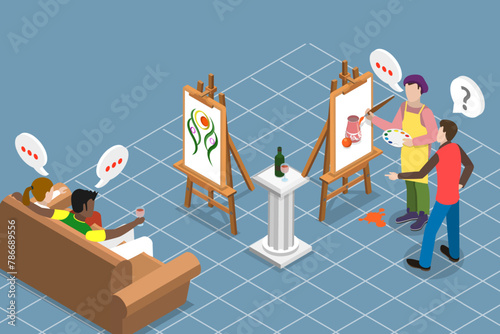 3D Isometric Flat Vector Illustration of Creative Art Entertainment , Paint and Sip photo