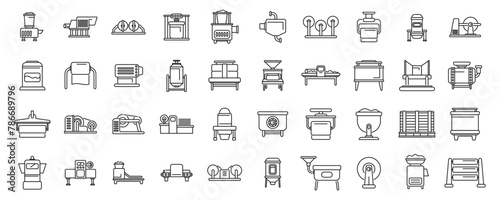 Equipment for paper production icons set outline vector. Factory roll. Wood process