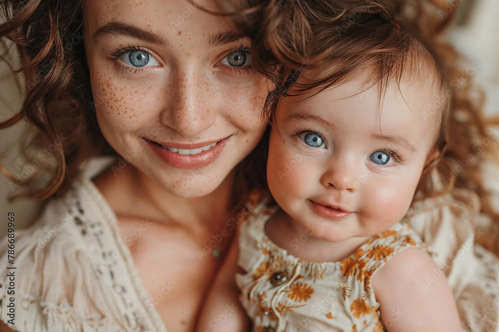 Mother and baby with striking blue eyes. Generative AI image Mother and baby with striking blue eyes. Generative AI image