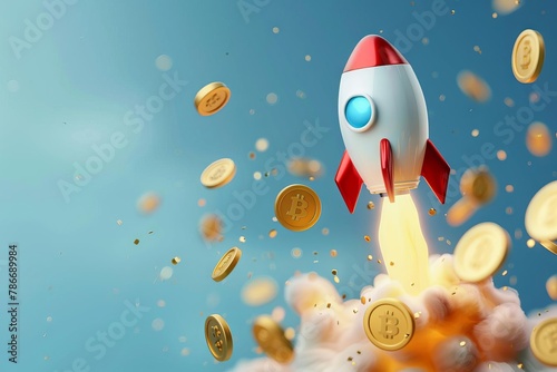 flying rocket ship with golden coins falling out financial growth and investment concept 3d illustration
