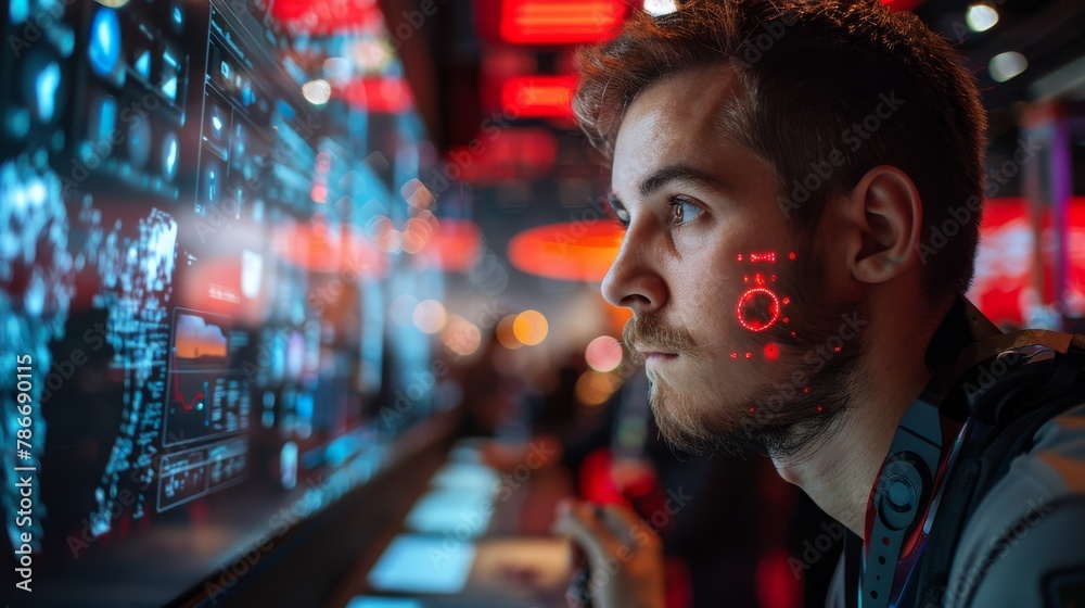 Fingerprint and facial recognition technologies are the highlight at a tech expo's biometric security systems display. Fingerprint and facial recognition technologies are the highlight at a tech expo's biometric security systems display.