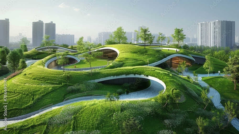 Urban design integrates green infrastructure, featuring parks and ...