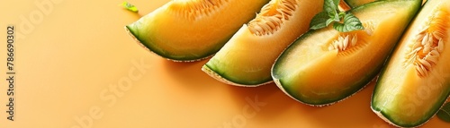 Pristine slices of cantaloupe presented on a light melon-colored background, with a generous area at the top for text photo