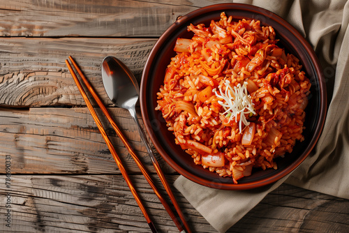 Spicy Korean kimchi fried rice in a bowl. Generative AI image photo