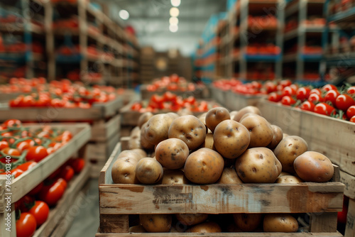 Potatoes and tomatoes in a warehouse distribution center. Generative AI image