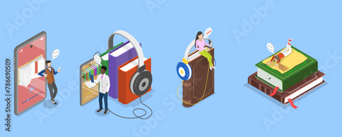 3D Isometric Flat Vector Illustration of Virtual Library, Online Education