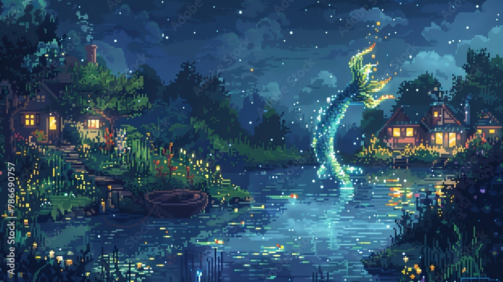 Pixel art of a mermaid watching sunset over a mystical village