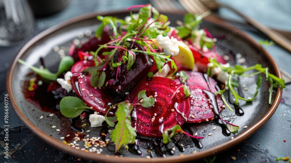 beetroot and goat cheese salad, with a miso and balsamic reduction dressing, served on a chic, modern plate beetroot and goat cheese salad, with a miso and balsamic reduction dressing, served on a chic, modern plate