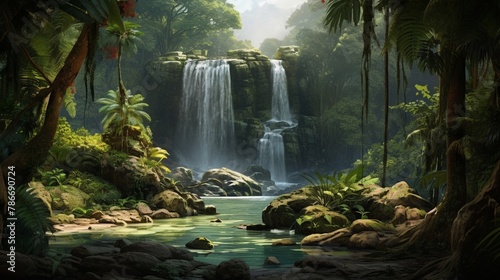 waterfall with rocks among tropical jungle with green plants and trees,