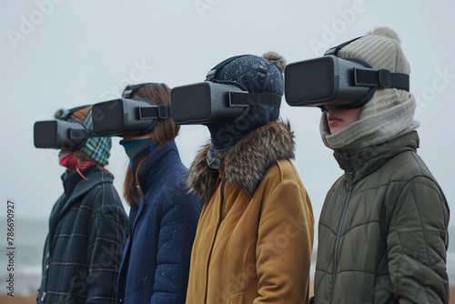 Group of people experiencing virtual reality outdoors. Generative AI image photo