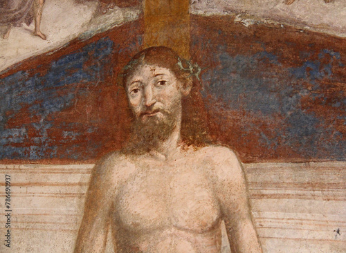 Cristo sofferente; affresco nel presbiterio della ex chiesa di San Giovanni nel parco archeologico di Castelseprio (Varese) photo
