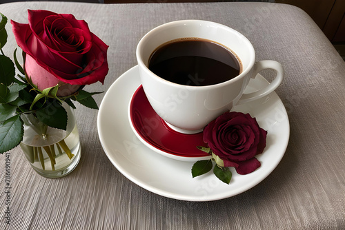 Una encantadora taza de café, blanca, rodeada de petalos de rosa