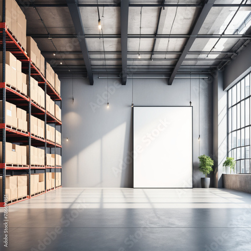 Contemporary warehouse interior with empty mock up poster on wall, racks, boxes, city view and daylight. Logistics and shipping concept. 3D Rendering
 photo