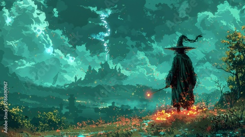 Mystical sorcerer casting spells in a vibrant pixel art landscape