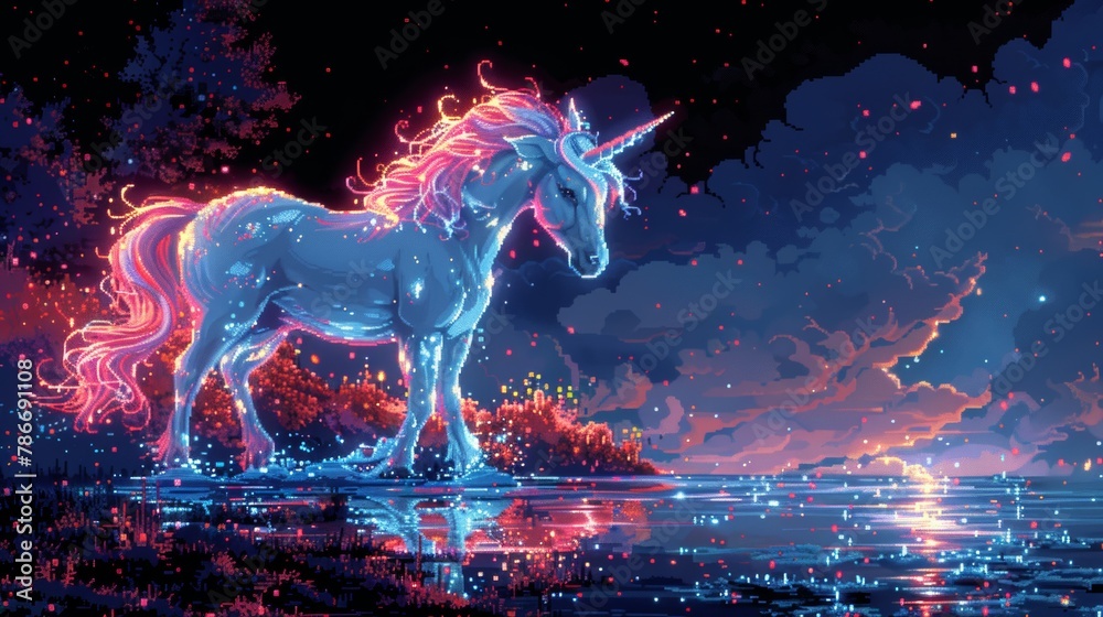 Mystical unicorn in a serene lake scene under a starry night sky, a magical moment