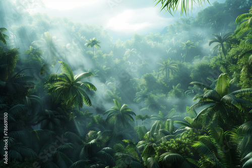 Panorama view of tropical rainforest. Panoramic landscape of green jungle, Tropical rain forest jungl, illustration © Anna