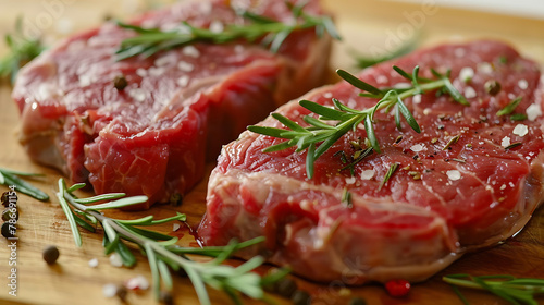 two raw steaks placed side by side on a wooden cutting board. The steaks have a rich, red color, and sprigs of rosemary are artfully arranged on top of them