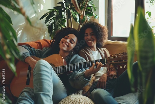 modern lesbian couple relaxing at home with guitar aigenerated lifestyle portrait photo