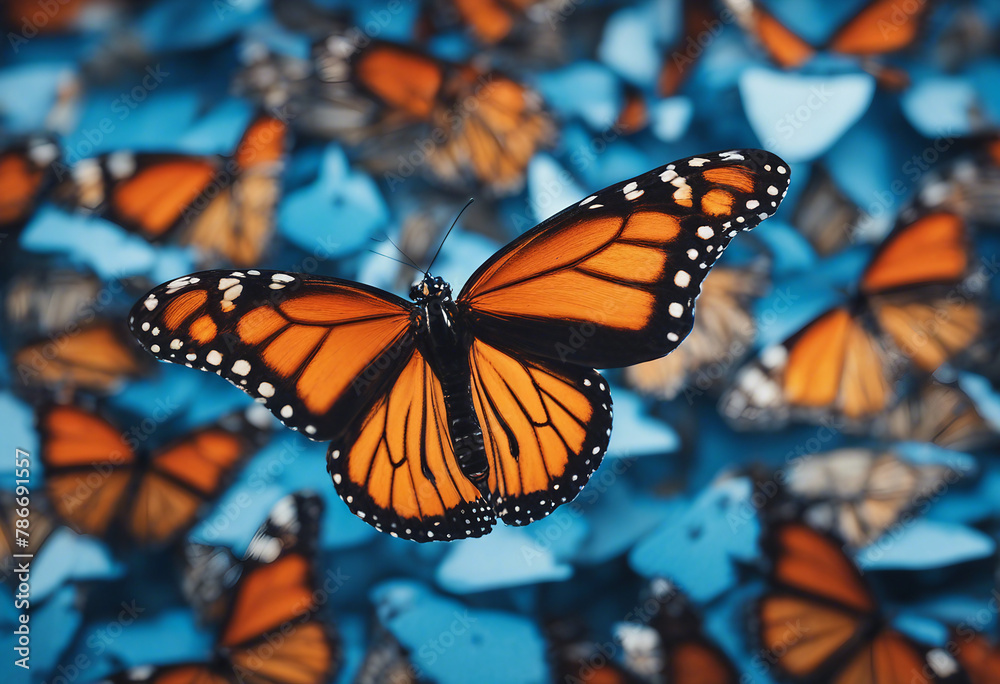 Obraz premium Bright orange monarch butterfly on blue colorful butterflies on blue cardboard