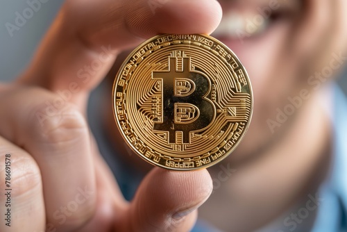 Moneda de bitcoin en primer plano, sujetada por la mano de un chico sonriente. Concepto inversion en criptomonedas photo