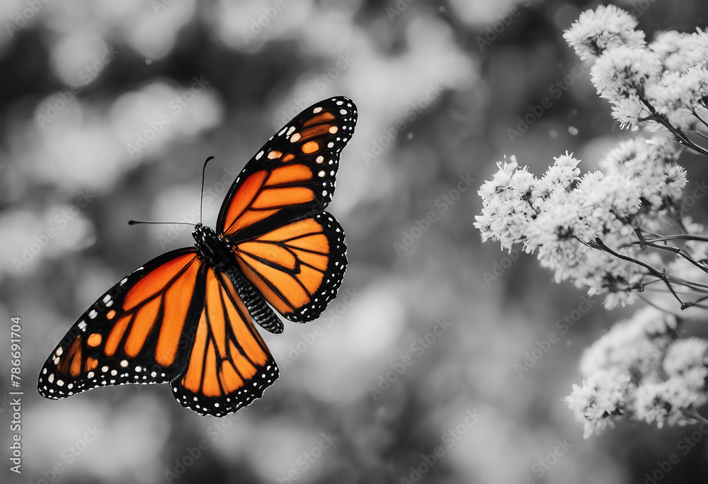 Obraz premium Bright accent color colorful orange monarch butterfly on a background of black and white monarch but