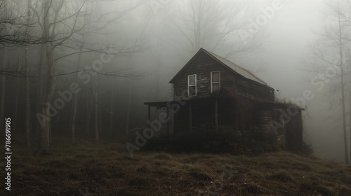 An eerie abandoned cabin shrouded in fog within a dense, misty forest.