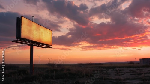 A blank empty advertising billboard stands tall with a striking backdrop of a vivid pink and purple sunset sky.