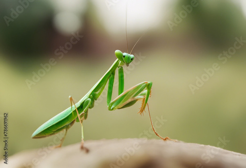 A bright green mantis close up blurred background © FrameFinesse