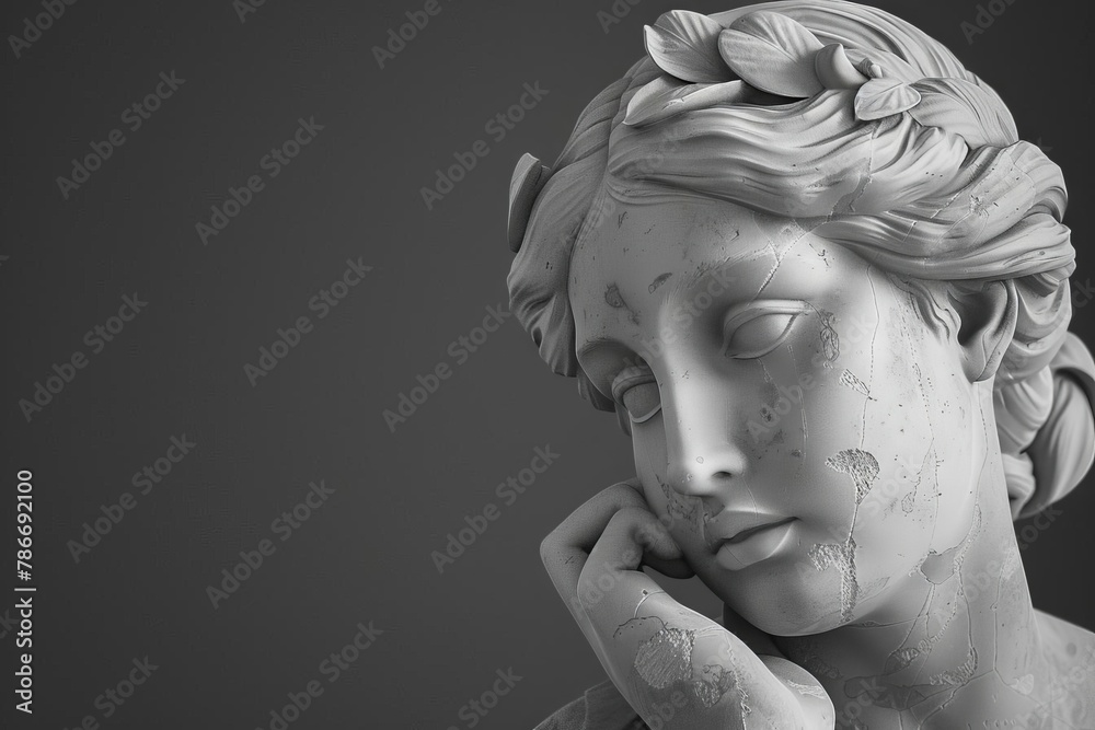 pensive greek muse sculpture nymph head in contemplative pose black and white 3d rendering