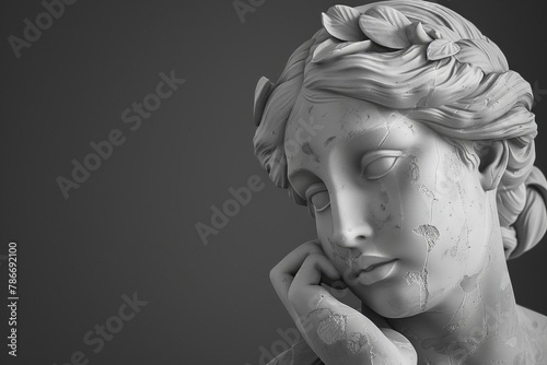 pensive greek muse sculpture nymph head in contemplative pose black and white 3d rendering photo