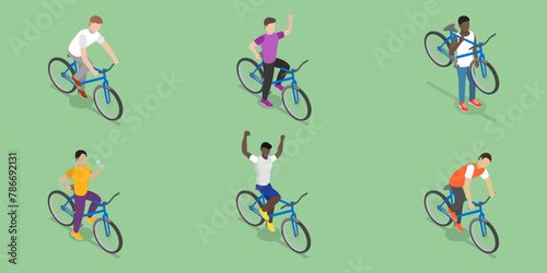 3D Isometric Flat Vector Set of Cycling People, Recreational Outdoor Activity