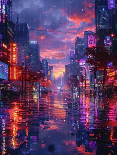 Retro pixel art cityscape under a celestial sky, neon lights reflecting on wet streets