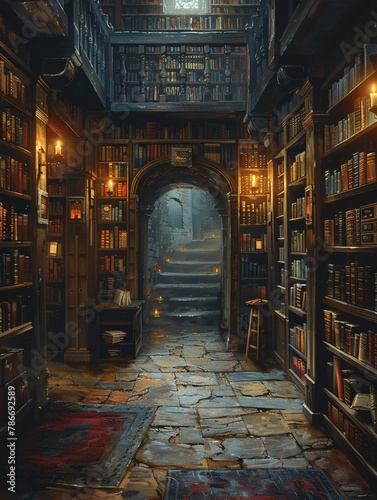 Magical library, books floating, secret portals, ancient texts, candlelight © AlexCaelus