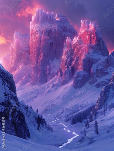 Fantasy ice kingdom, snow castles, polar creatures, auroras, frozen thrones photo