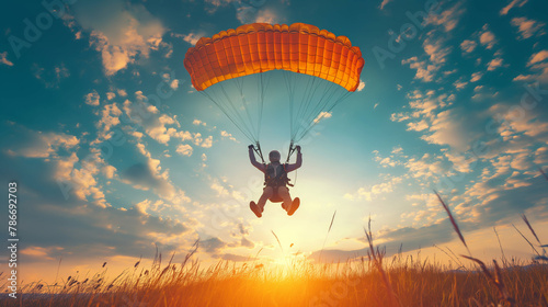 Parachutist landing gracefully on a grassy field after a successful jump. Happiness, love, health, courage, desire to live
