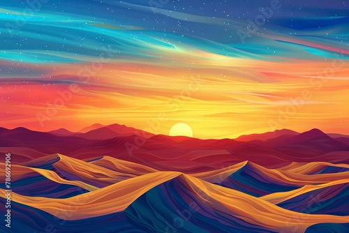 shimmering golden sand dunes beneath fiery sunset sky mountainous landscape illustration
