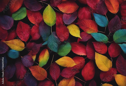 Colors of rainbow Pattern of multicolored leaves texture background Bright colorful cherry leaves on black top view