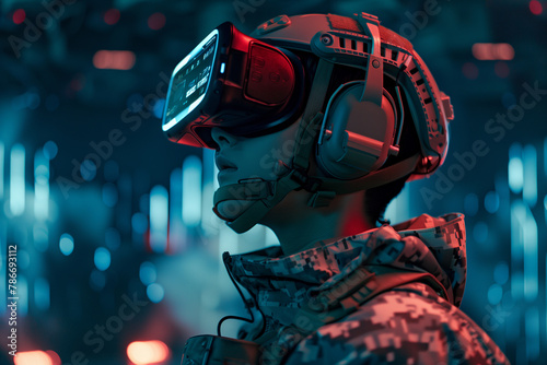 soldier donning virtual reality glasses, exploring virtual battlefields and honing combat skills with state-of-the-art simulation technology, presented in a futuristic tech style. photo