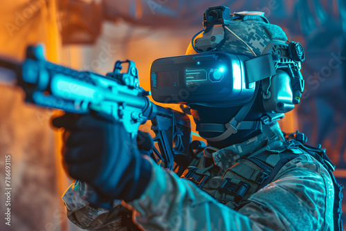 soldier equipped with virtual reality glasses, immersed in a virtual training exercise to enhance situational awareness and tactical proficiency, portrayed in a striking tech style photo