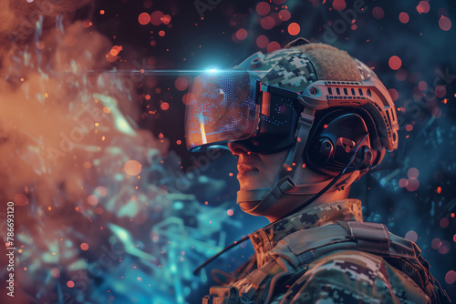 soldier donning virtual reality glasses  exploring virtual battlefields and honing combat skills with state-of-the-art simulation technology  presented in a futuristic tech style.