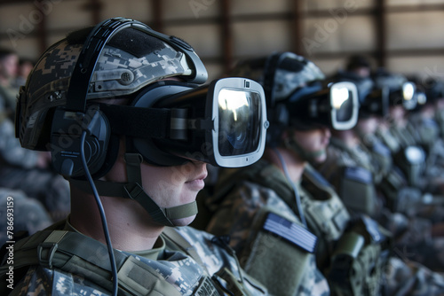 soldier wearing virtual reality glasses, undergoing advanced training simulations to prepare for real-world missions, illustrating the integration of technology and military readin