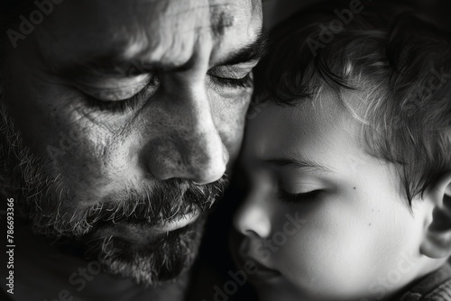 An emotional fathers day shot in black and white with a child in fathers arms.